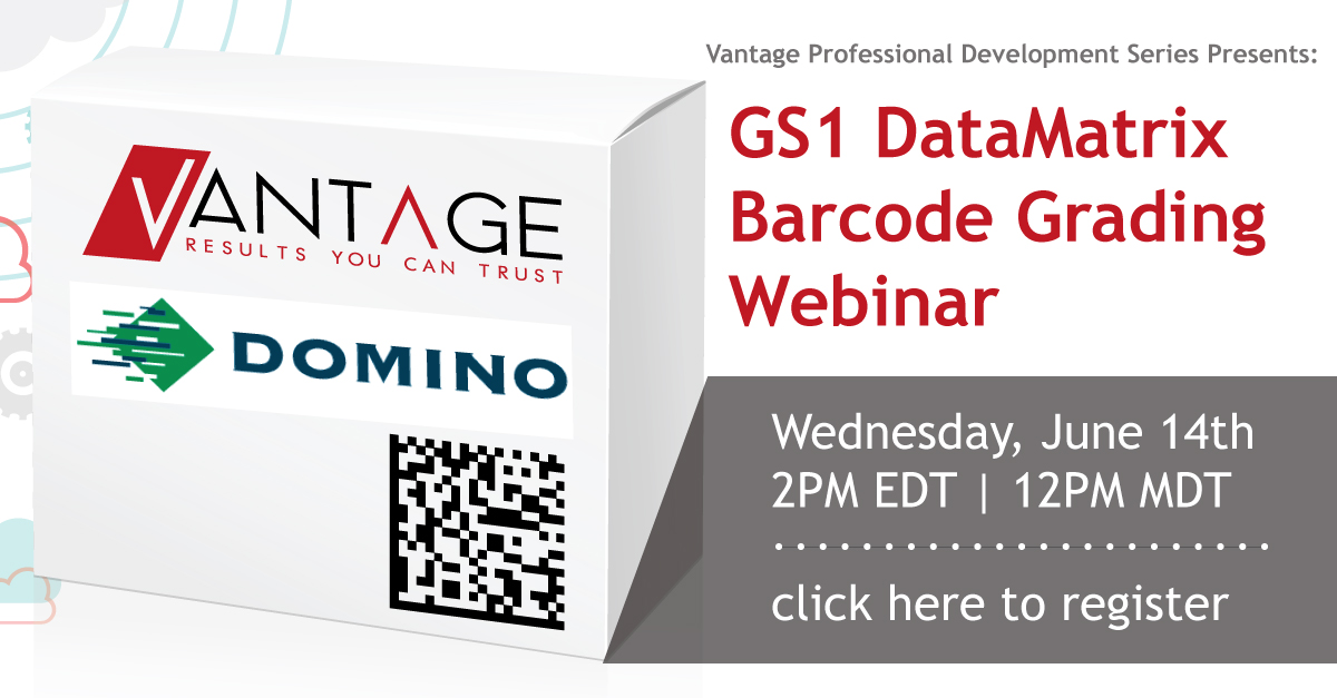 Image of DataMatrix Barcode Grading Webinar Information. Text saying Wednesday, June 14th 2pm EDT 12PM MDT. Click here to register
